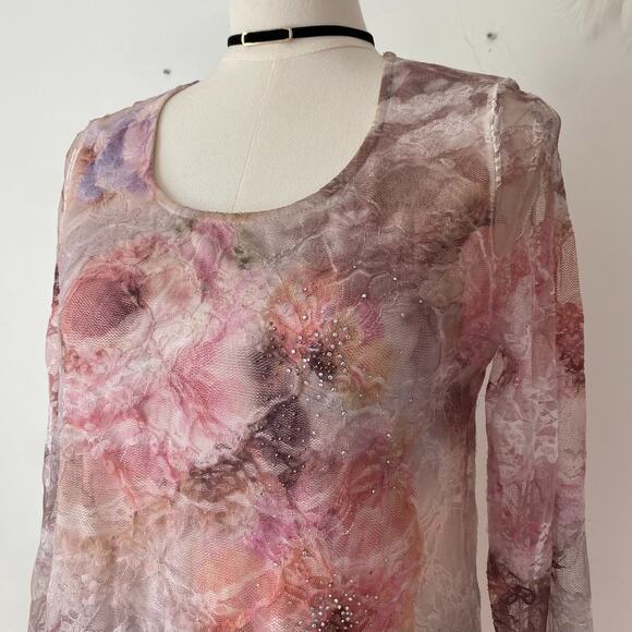 Cal Style Womens Fairy Lace Tunic Top Size M Sheer Floral Whimsigoth Bling Y2K - Picture 2 of 10